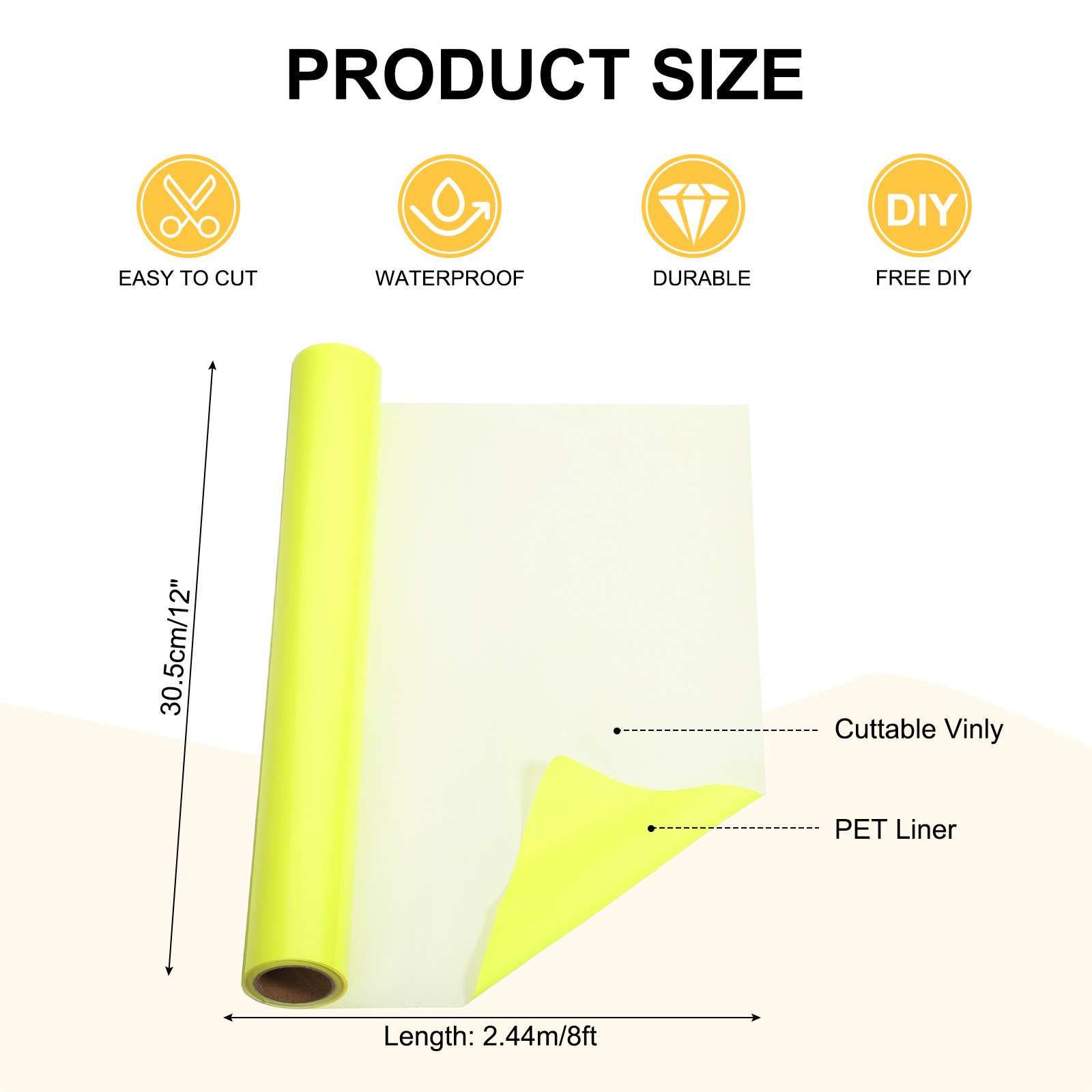 Fluorescent Yellow Vinyl Sticker, 12"" x 8ft Roll for Permanent