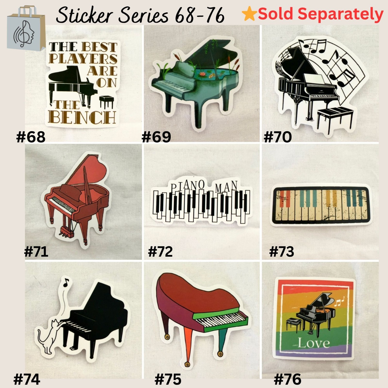 Grand Piano Music Notes Sticker 2 inch Black White Piano Vinyl Decal No70