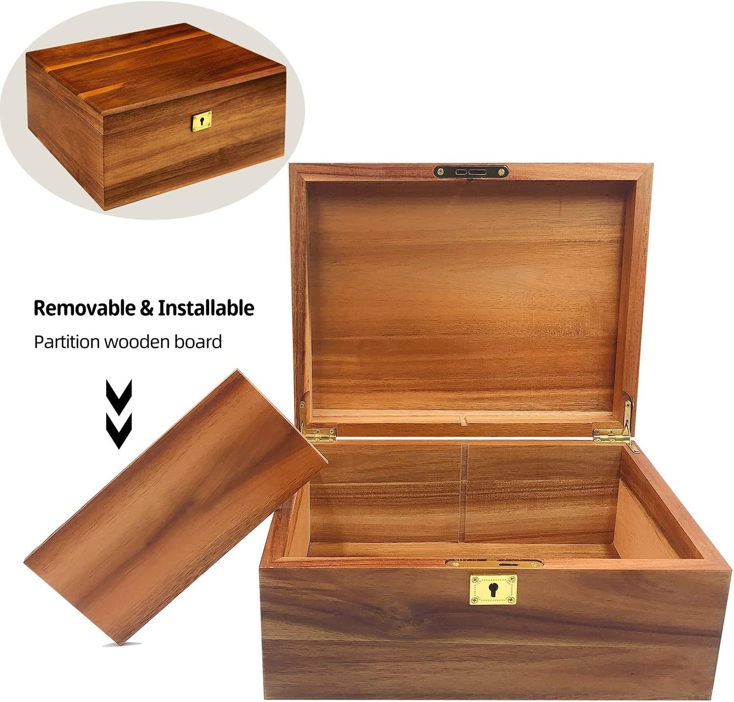 Wood Box Large Decorative Wooden Storage Box with Hinged Lid and Locking Key Pre