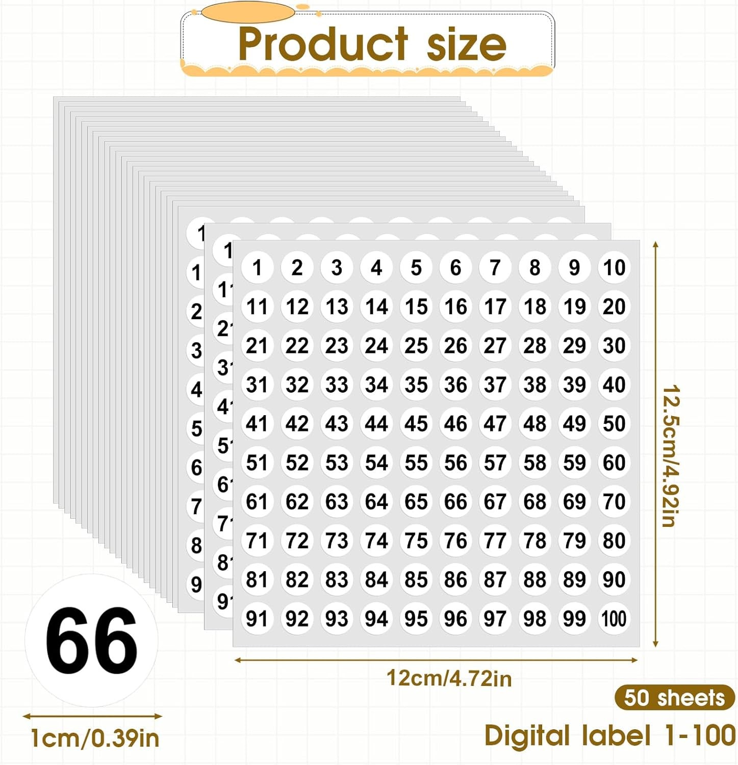 50 Sheets Small Number Stickers 1-100 Vinyl Mini Number Labels, 0.4" Round Self-