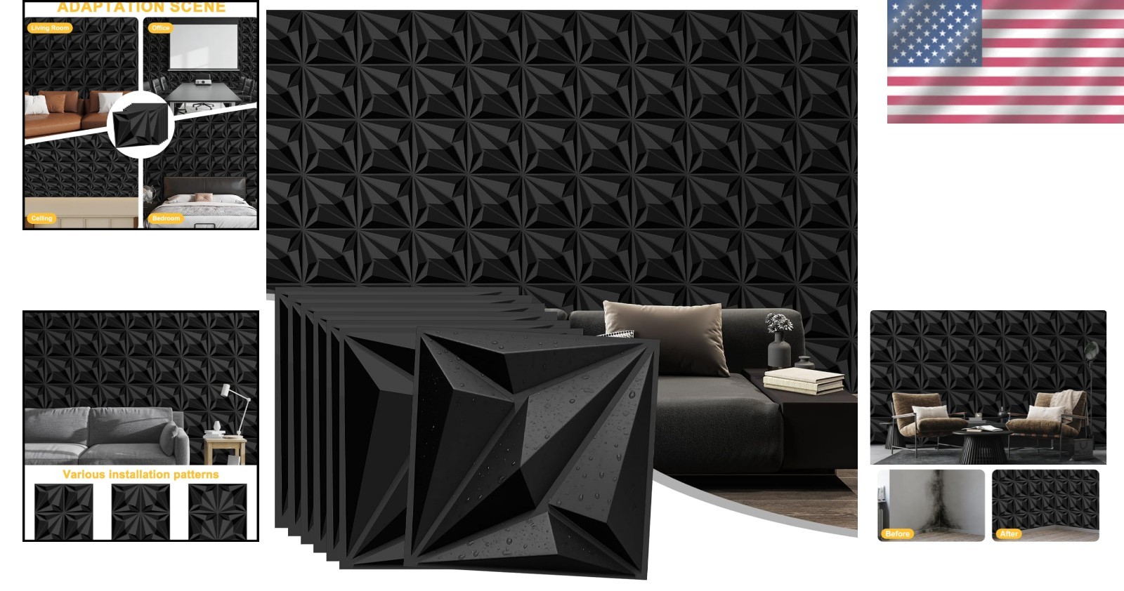 Waterproof 3D Black Wall Panels Set – Lightweight Matte Tiles for Modern Decor