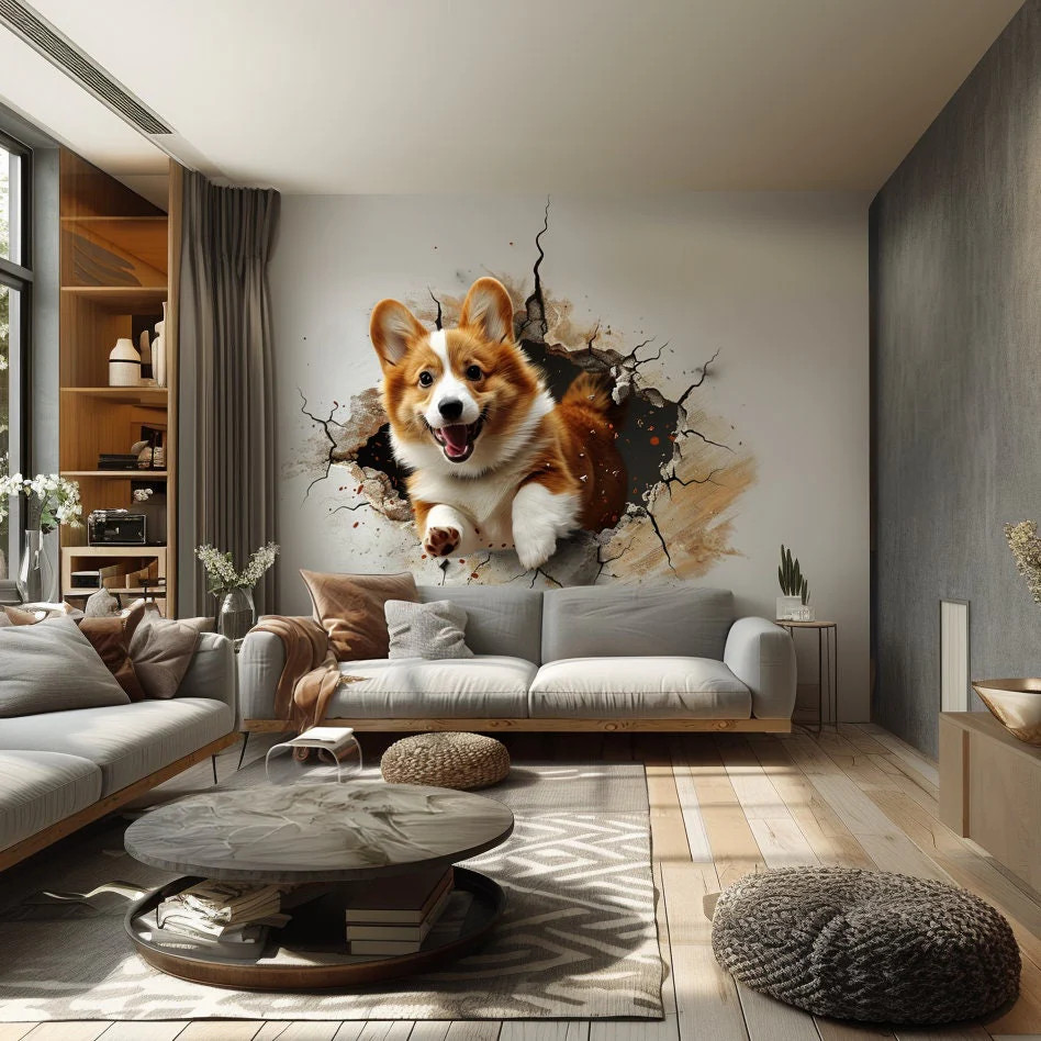 3D Corgi Dog Wall Decal – Playful Pet Sticker – Realistic Corgi Jumping Through