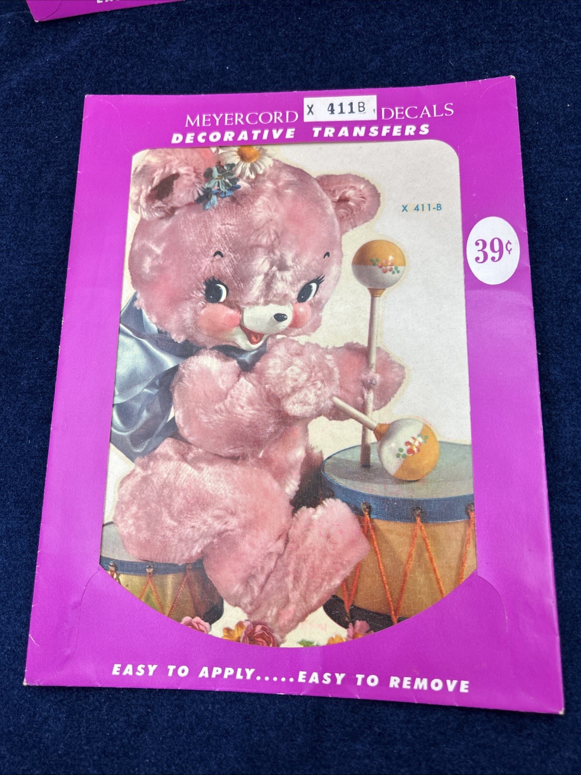 Vintage Meyercord Retro Shabby Nursery Pink Bear Playing Drum X411B Decals Craft