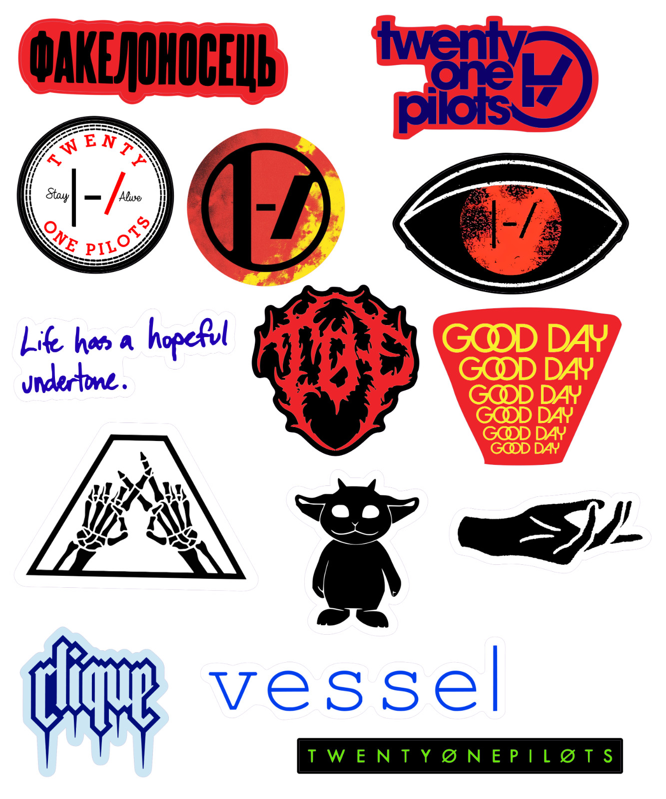 Twenty One Pilots sticker sets, Water Resistant, easy peel, 2-3", 12 Sets