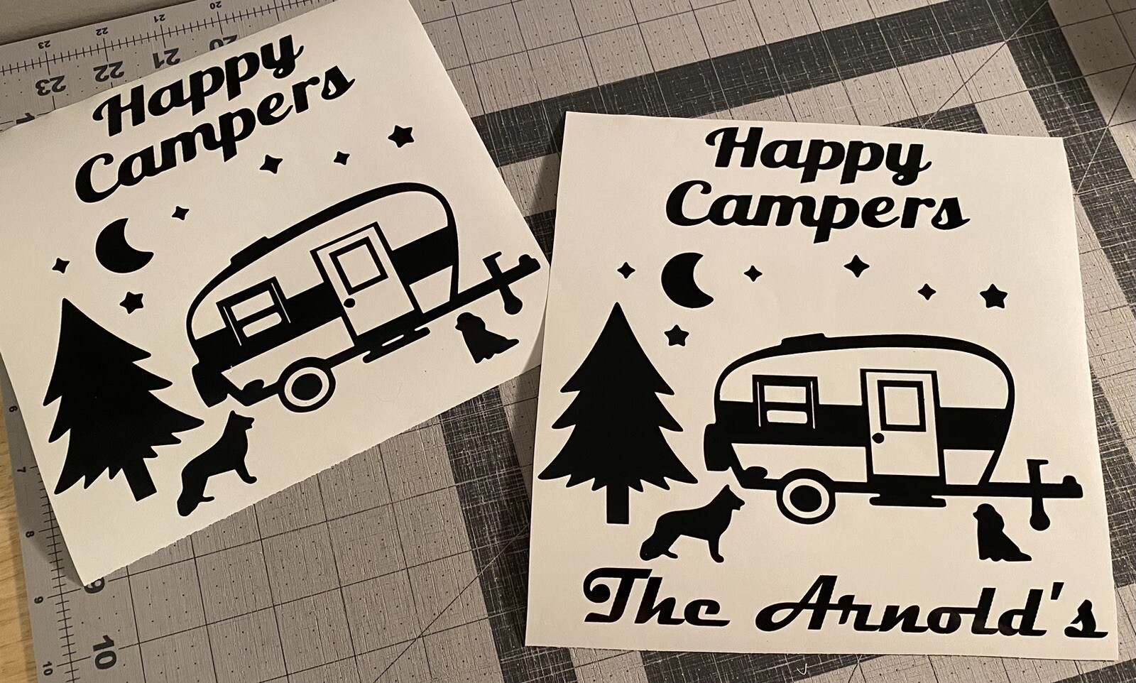 Vinyl Decal – Happy Campers, Campsite (May Customize w/ Name), Various Colors