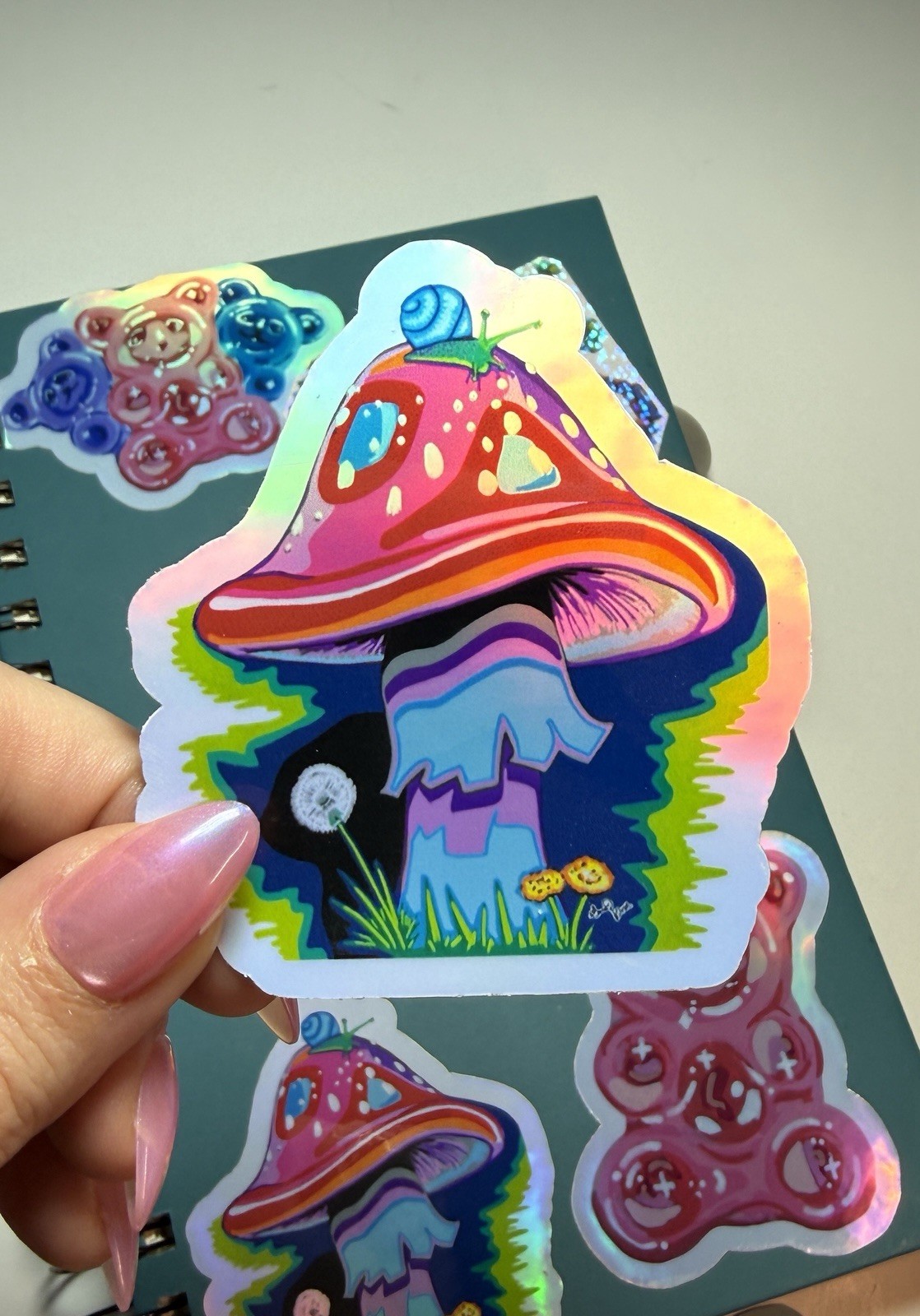 Mushroom Snail Holographic Vinyl Sticker | 3" | Original Art by Sara Rose