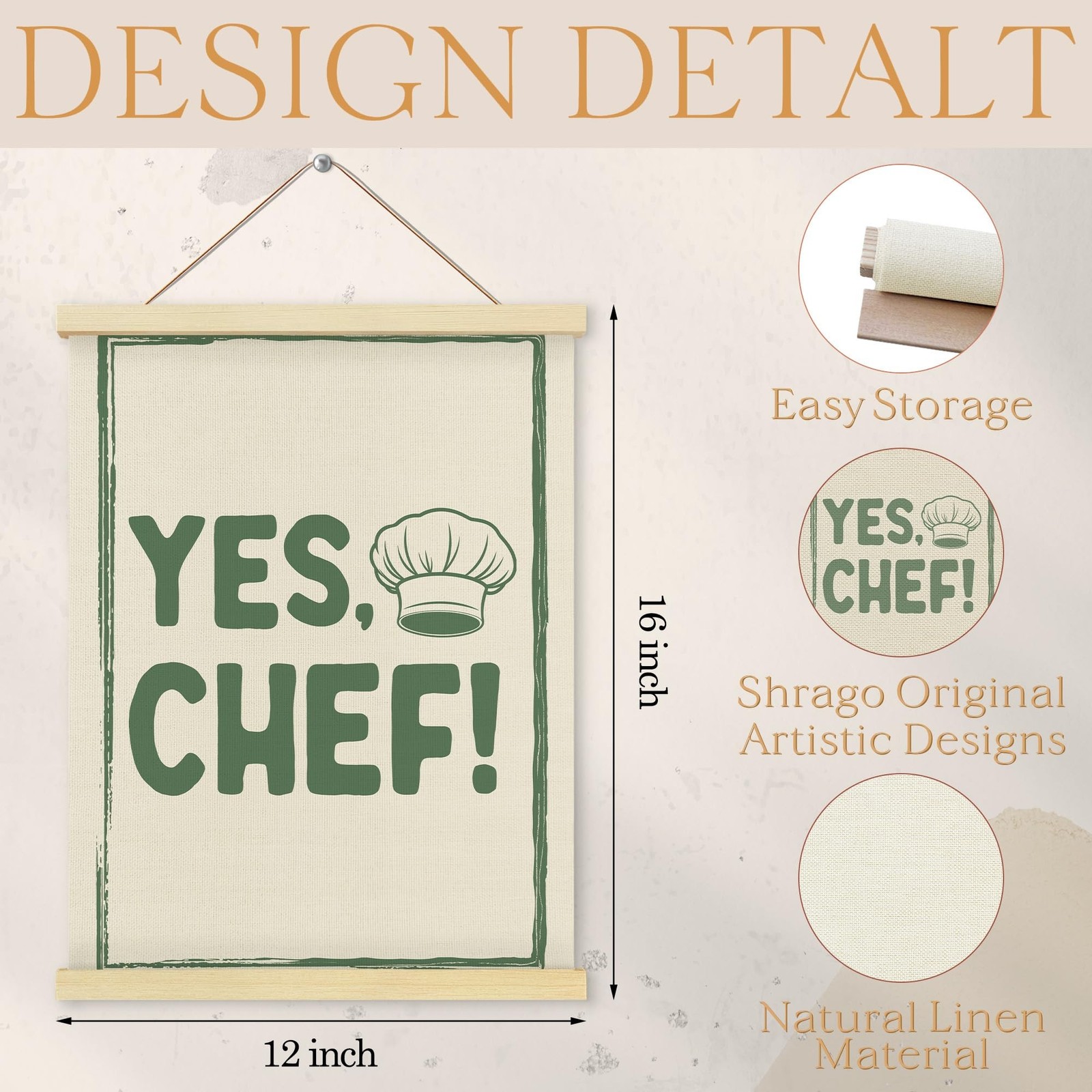 Shrago Yes Chef Wall Art, Vintage Green Chef Cooks Quote Poster Hanger Frame …