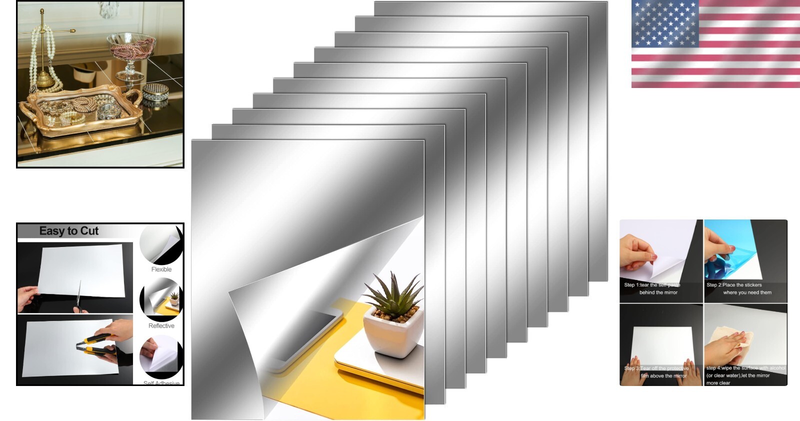 Versatile Non-Glass Mirror Tiles for Home Walls – Reflective 10 x 12 in Stickers