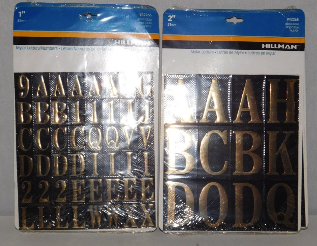 HILLMAN MYLAR LETTERS NUMBERS 1" & 2" 3 PACKS OF EACH 84268 84266 Black Gold