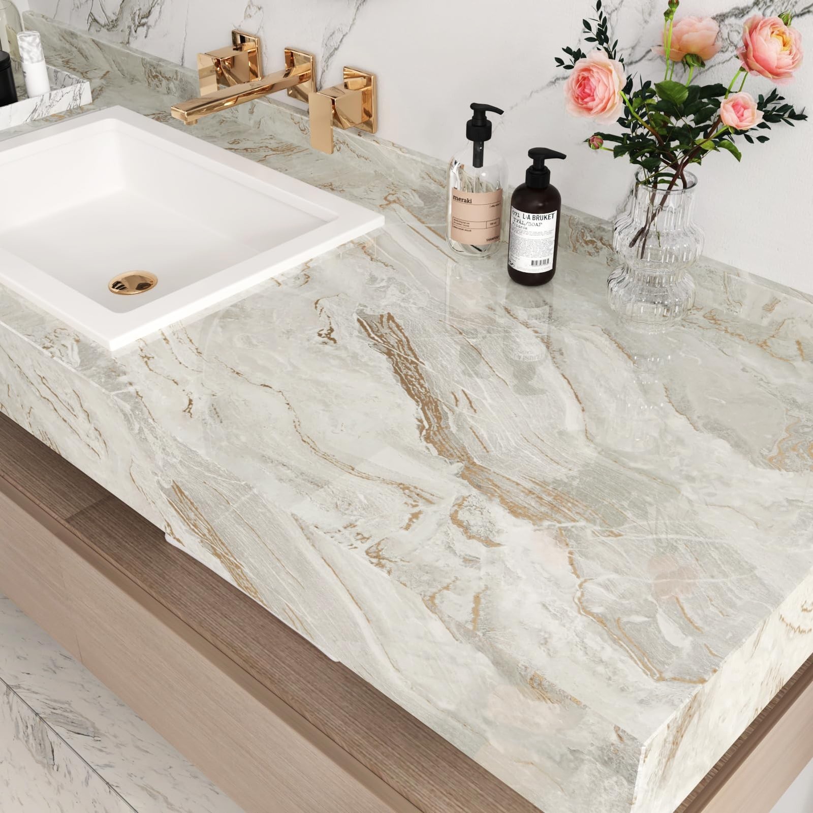 Beige/Gold Marble Contact Paper Peel and Stick Countertop Shiny Marble Counte…