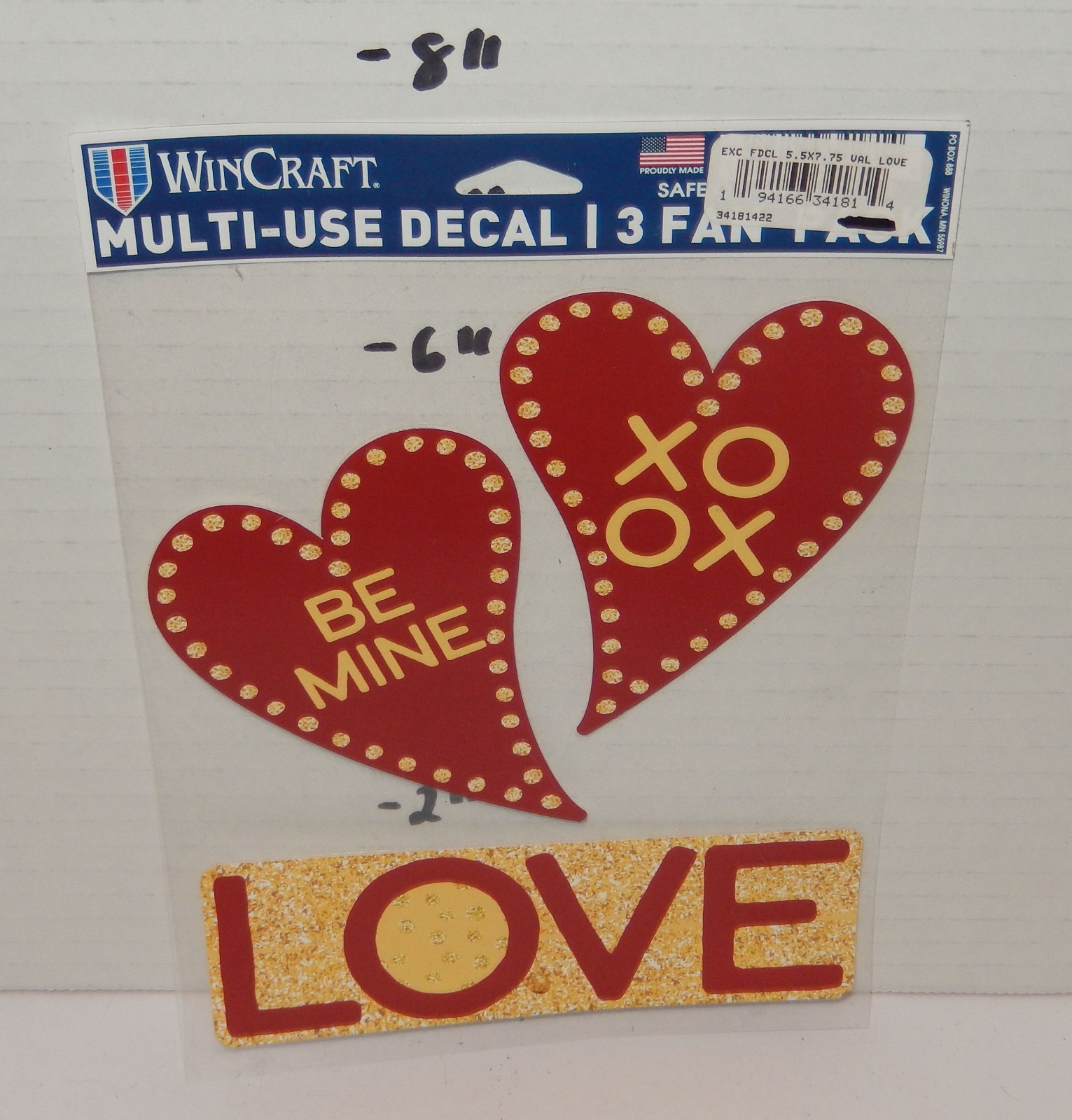WinCraft Valentines Multi-Use 3 Decal Set 5.5" x 7.5" Red Heart Love