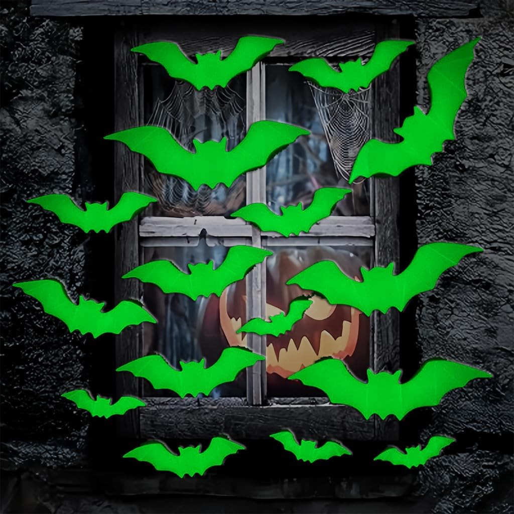 16PCS Glow in the Dark Bat Wall Decals 3D Luminous Halloween Stickers