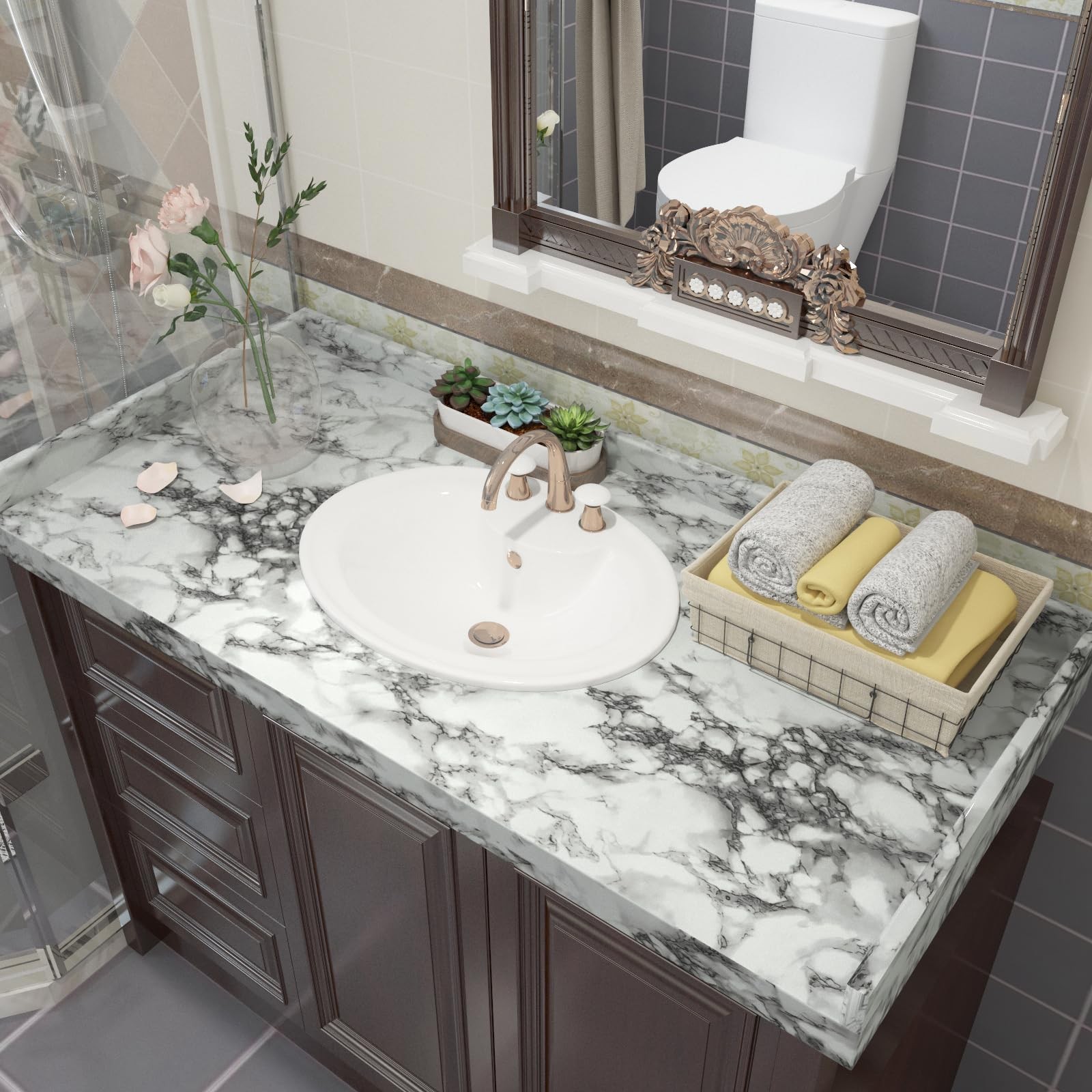 VIOPVERY Black White Marble Contact Paper 35" x 197", Glossy Peel and Stick V…