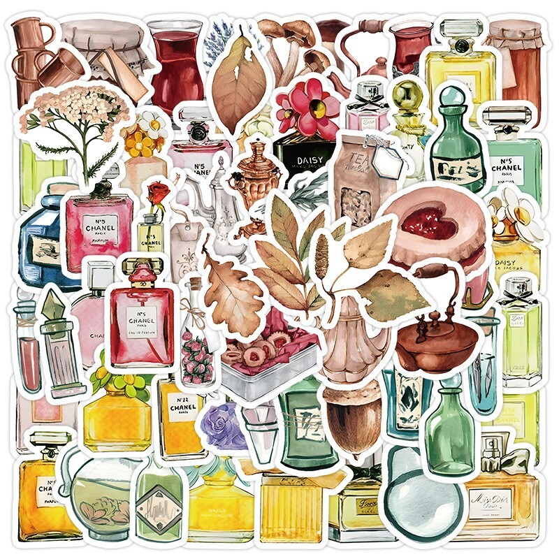 50pcs RETRO Vintage Stickers, Perfume Bottle Wine Cake Leaf, #239