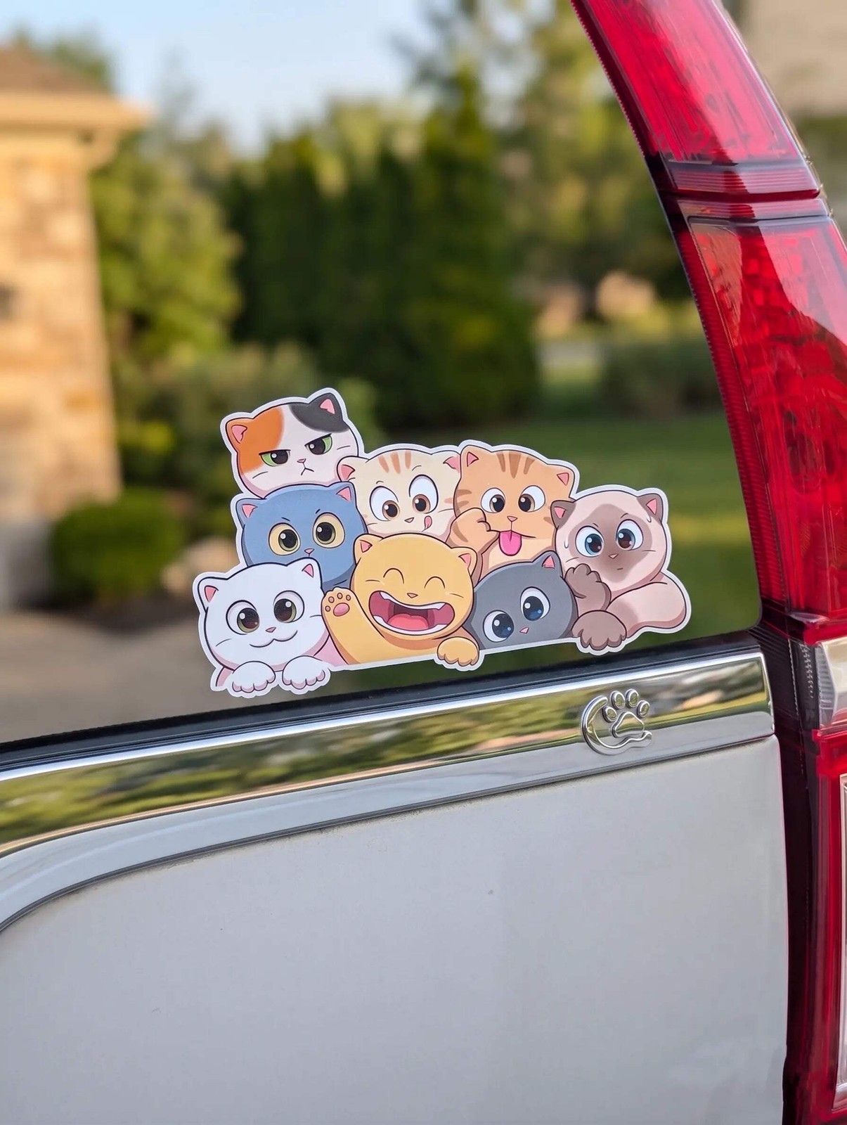 Cute Cat Pile Vinyl Decal – Peeking Cartoon Kittens Car Window Sticker (6" x 3.5