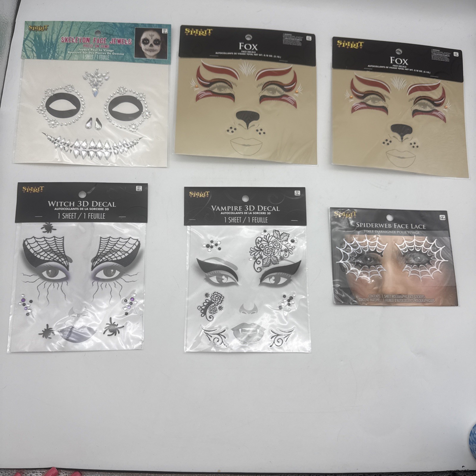 Lot Of 6 Spirit Halloween: Face Decals! Brand New! Fox, skeleton, witch, vampire