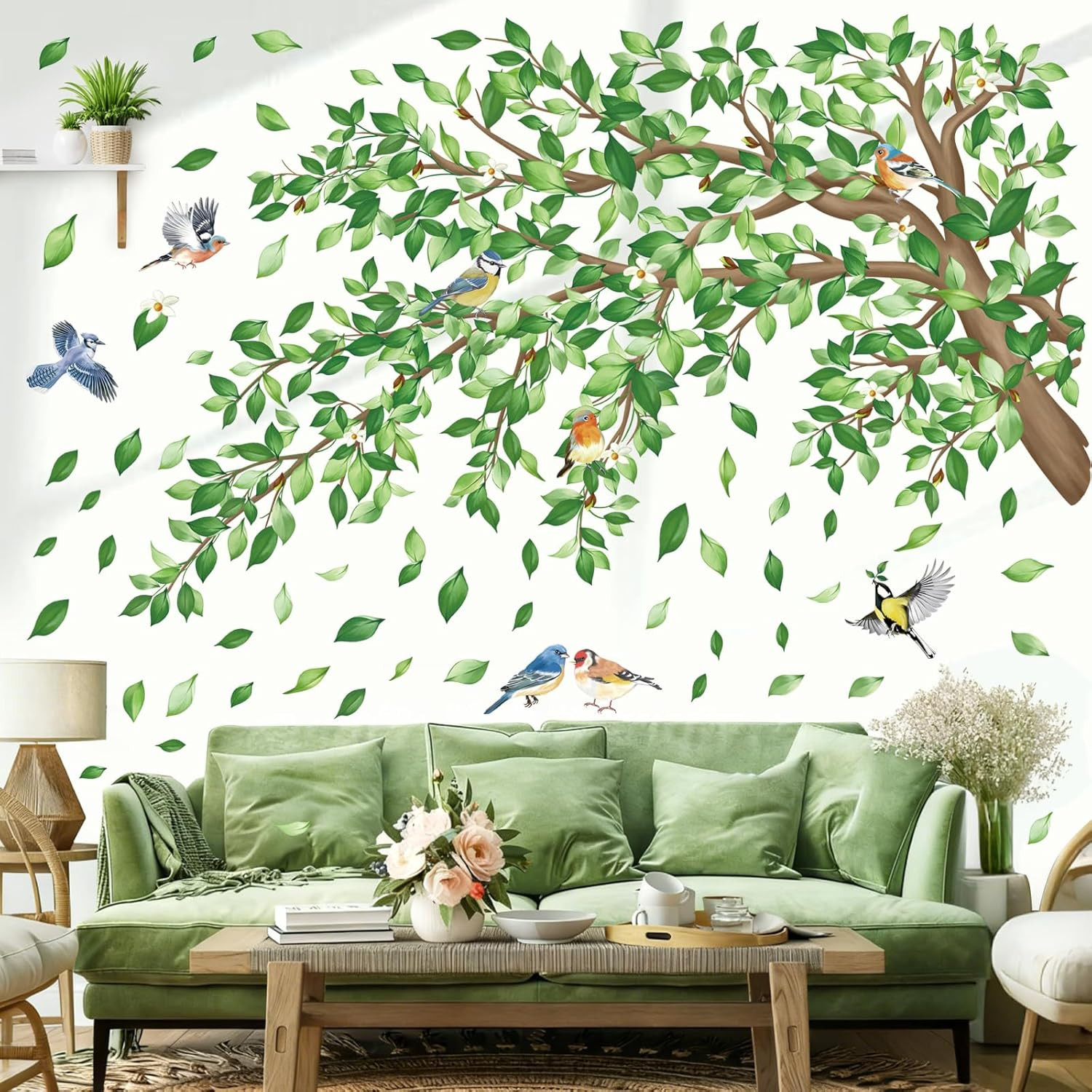 Large Green Tree Branch Wall Decals Green Leaves Floral Wall Stickers Bedroom Li
