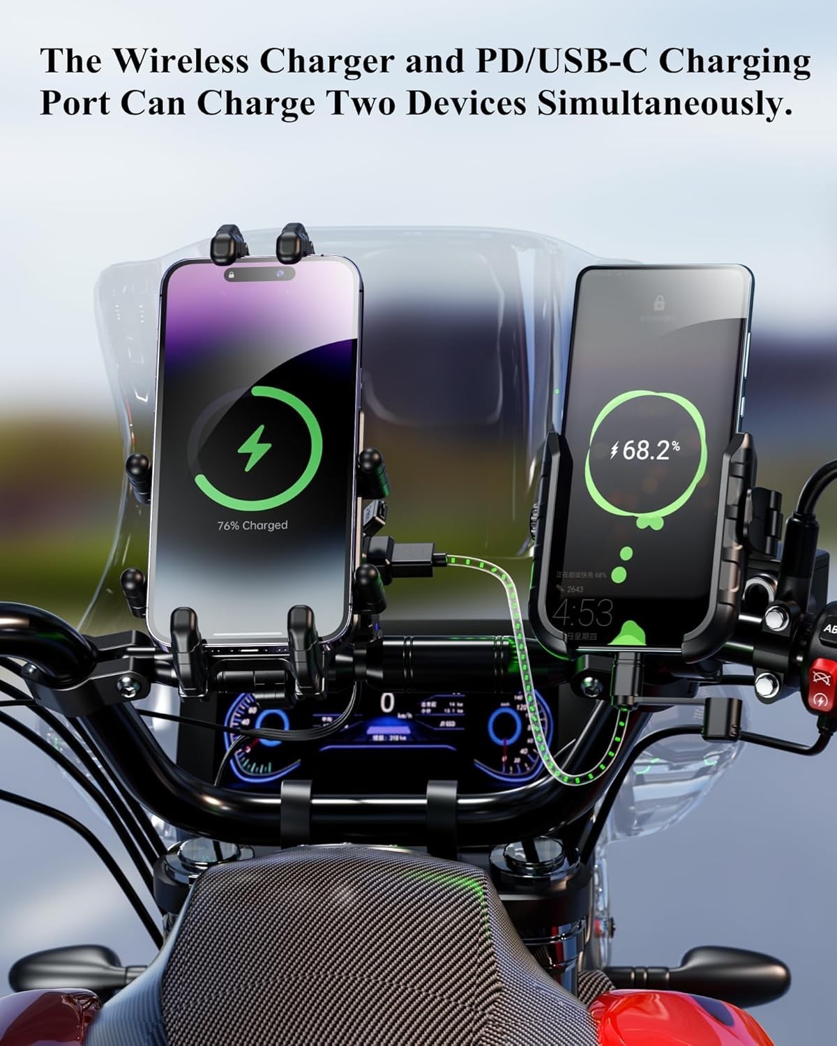 Motorcycle Phone Mount Holder with Qi 15W Wireless Charger & 30W PD/USB-C Fast C