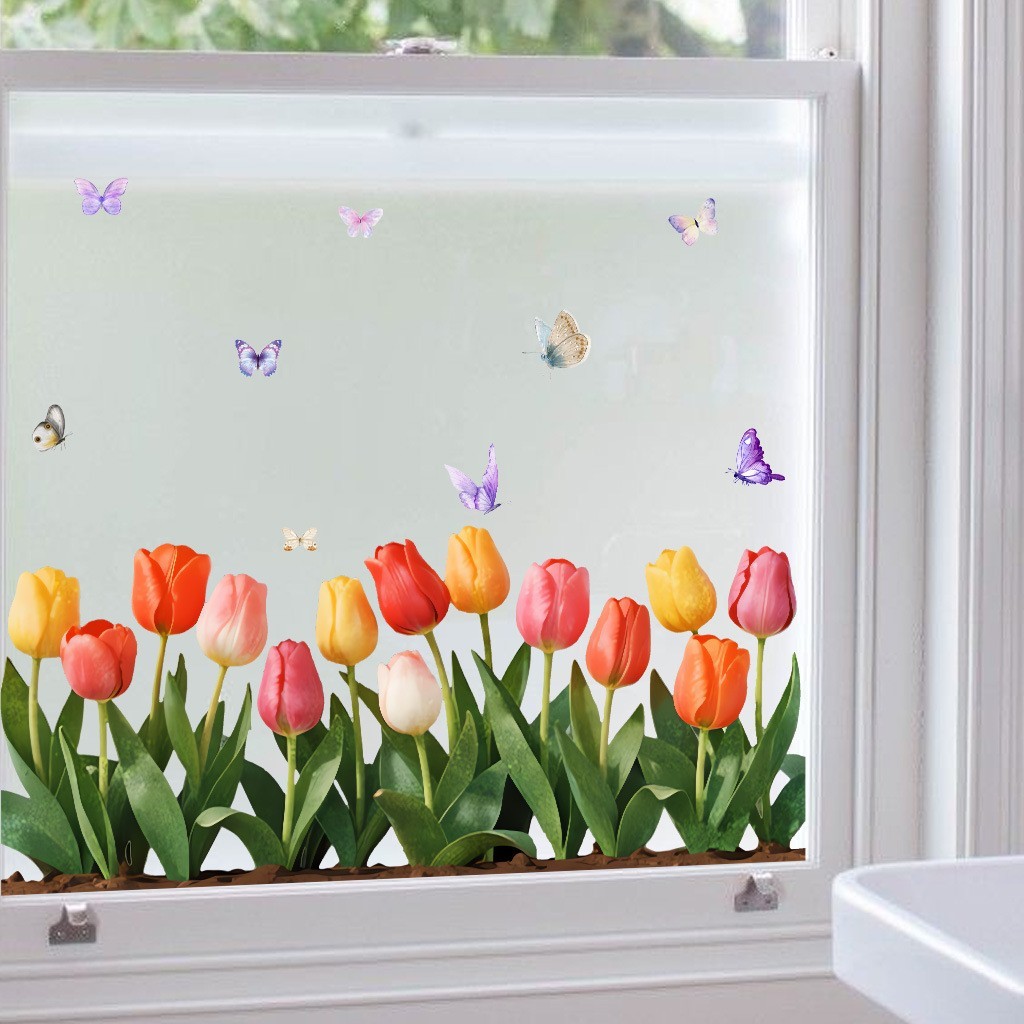 Colorful Tulip Static Cling – Waterproof Reusable Window Decal 15.7×7.9 inches