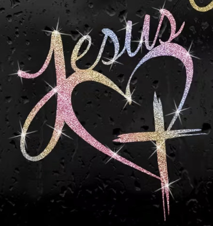 RAINBOW METALLIC GLITTER CROSS HEART 5.5” Jesus Vinyl Sticker Decal Christian