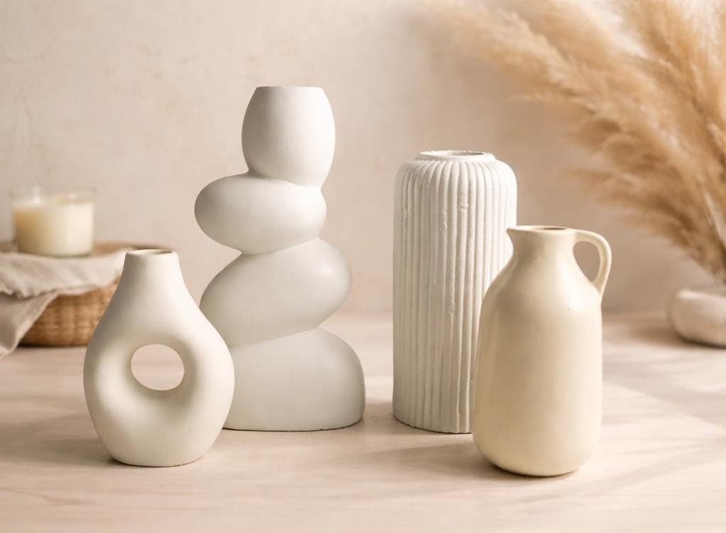 Set of 4 Ceramic Vases for Home Decor | White & Beige Modern Minimalist Vase Set