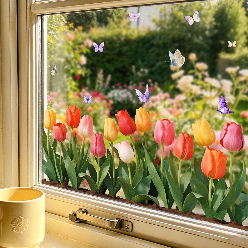 Colorful Tulip Static Cling – Waterproof Reusable Window Decal 15.7×7.9 inches