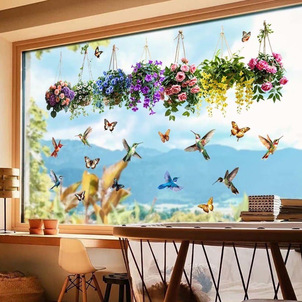 Static Cling Window Decals Floral Basket Birds Butterfly Pattern PVC Sticker