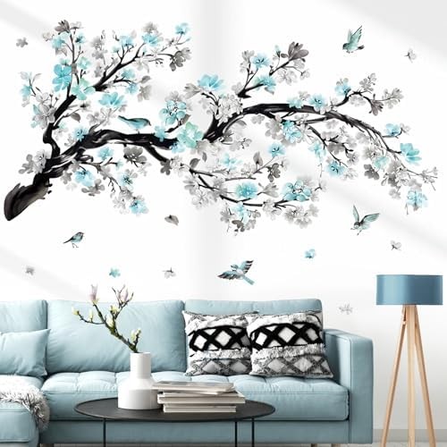 Watercolor Blue Flower Branch Wall Stickers Blossom Tree Floral Birds Peel and S