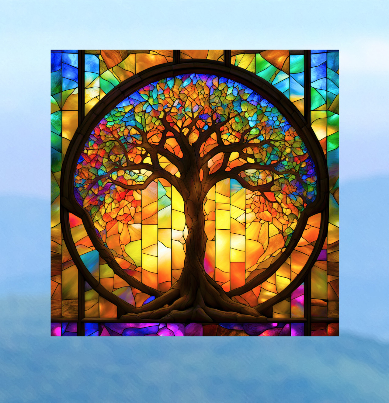 Tree of Life ~ Faux Stained-Glass WINDOW CLING Size 8" Square Vinyl