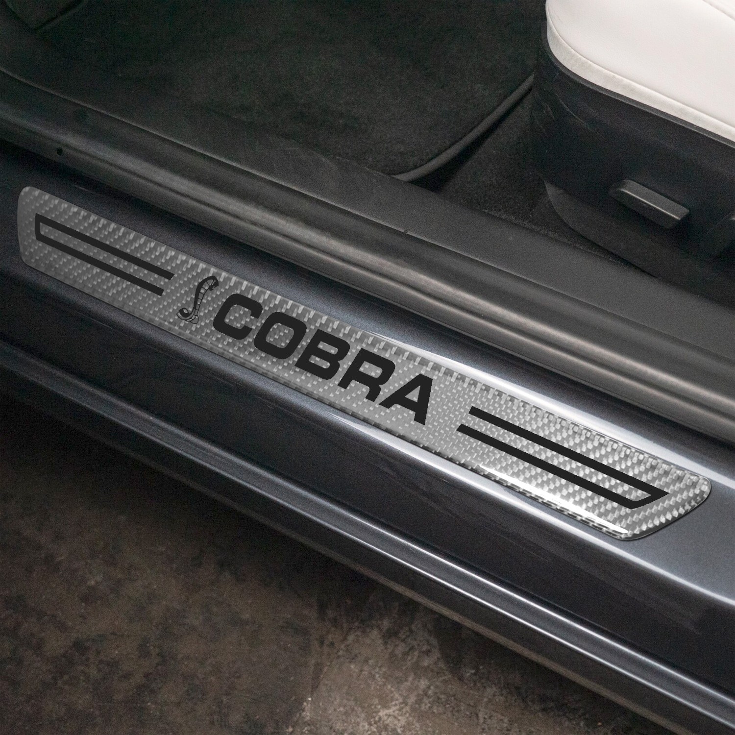 Ford Mustang Cobra Silver Carbon Fiber Universal Door Sill Protector Kick Plates