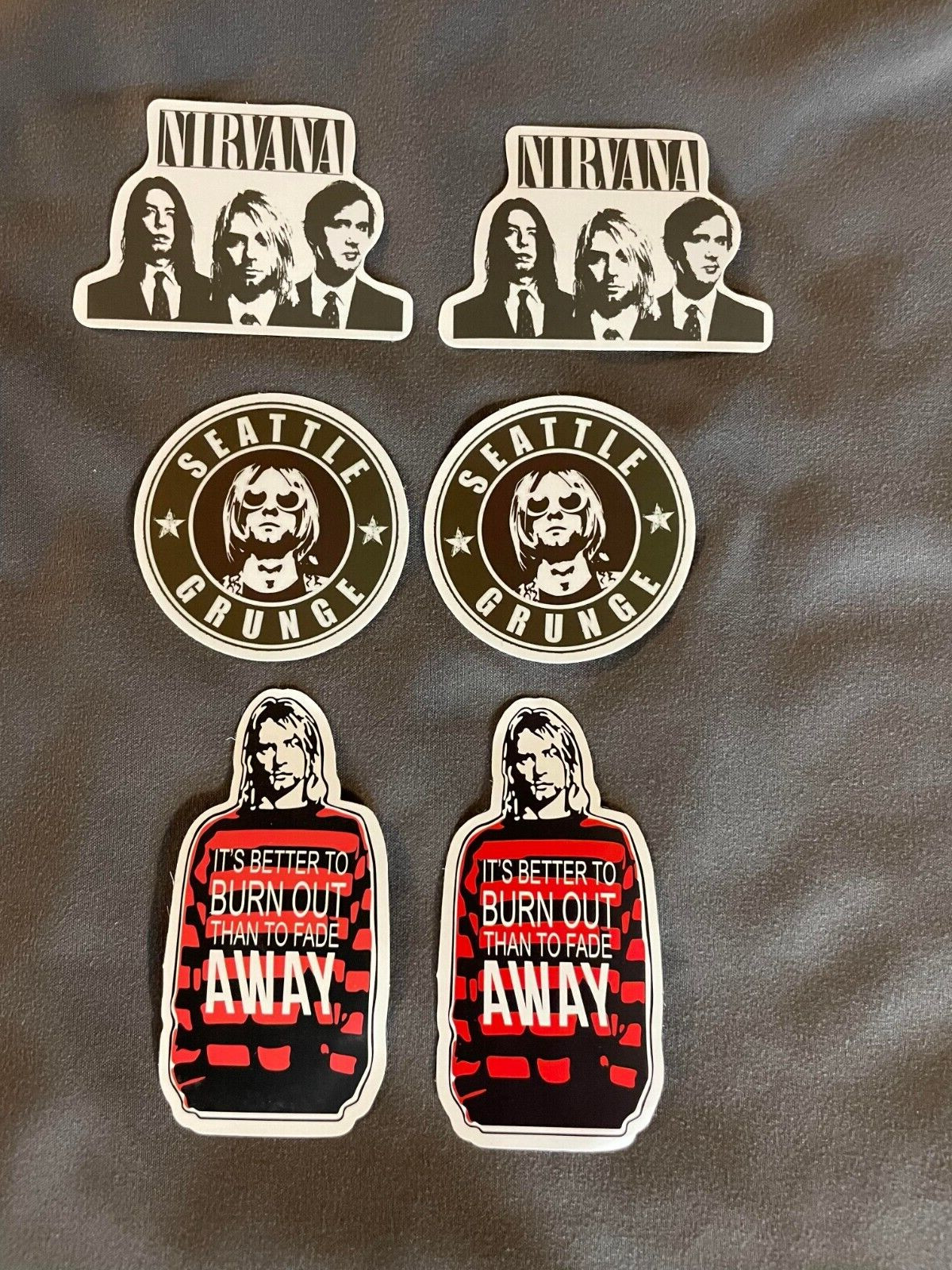 Lot (6) Nirvana KURT COBAIN 1 1/2" to 3 1/4" Band Photo Logo Stickers FAST! FREE