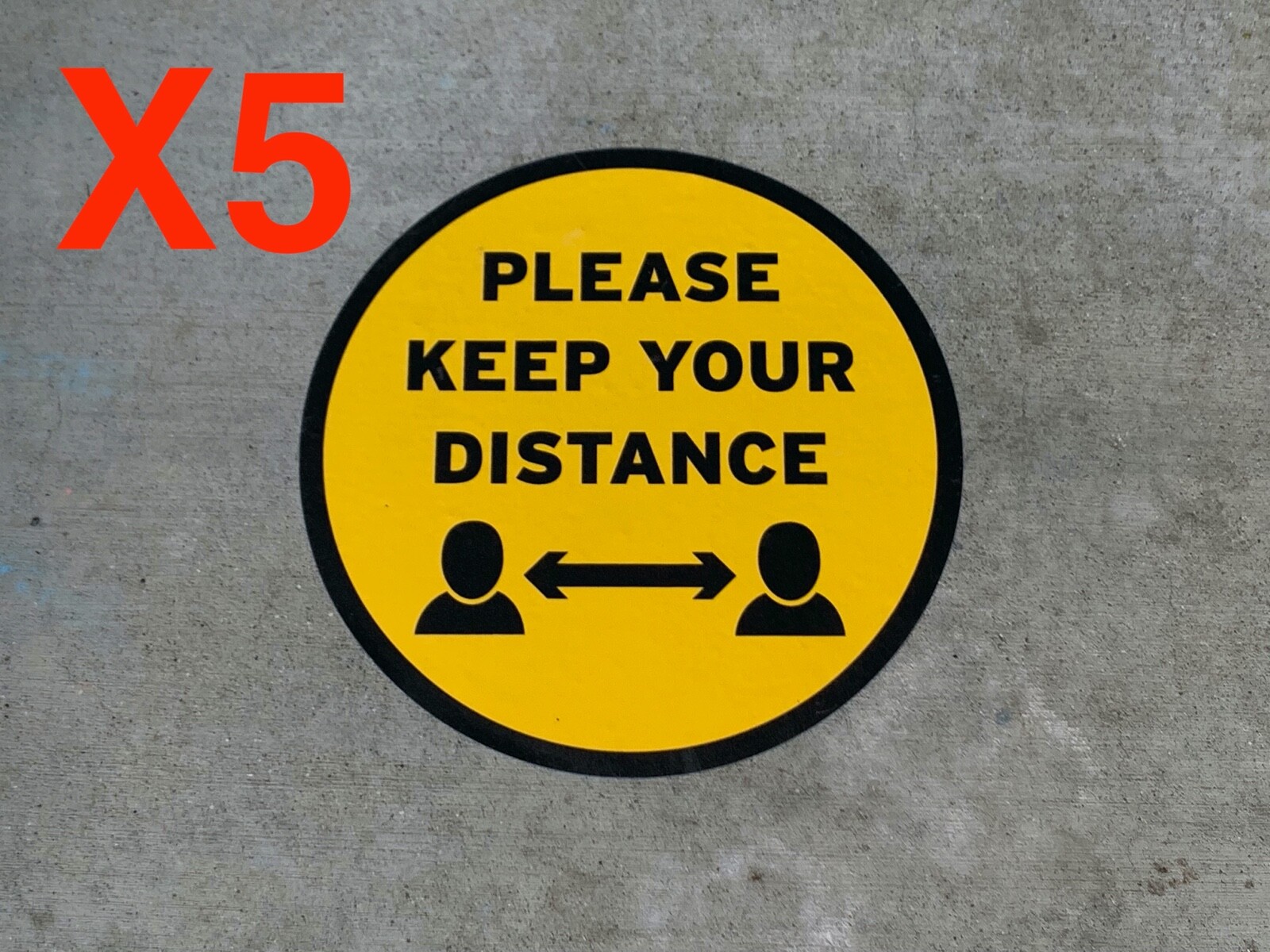 5pc Yellow Please Keep Your Distance Social Distancing Nonslip Floor Sticker 12"