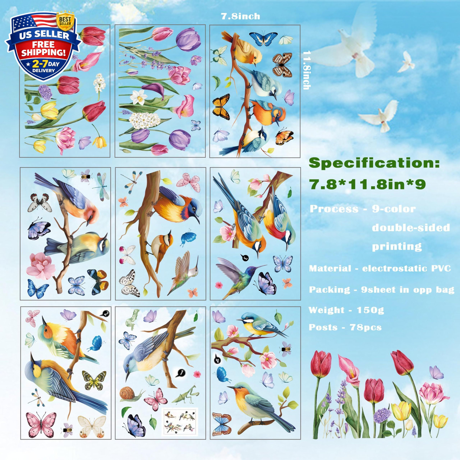 Spring Window Cling Sticker – 78PCS Tulip Butterfly Flower Hummingbirds Windo…
