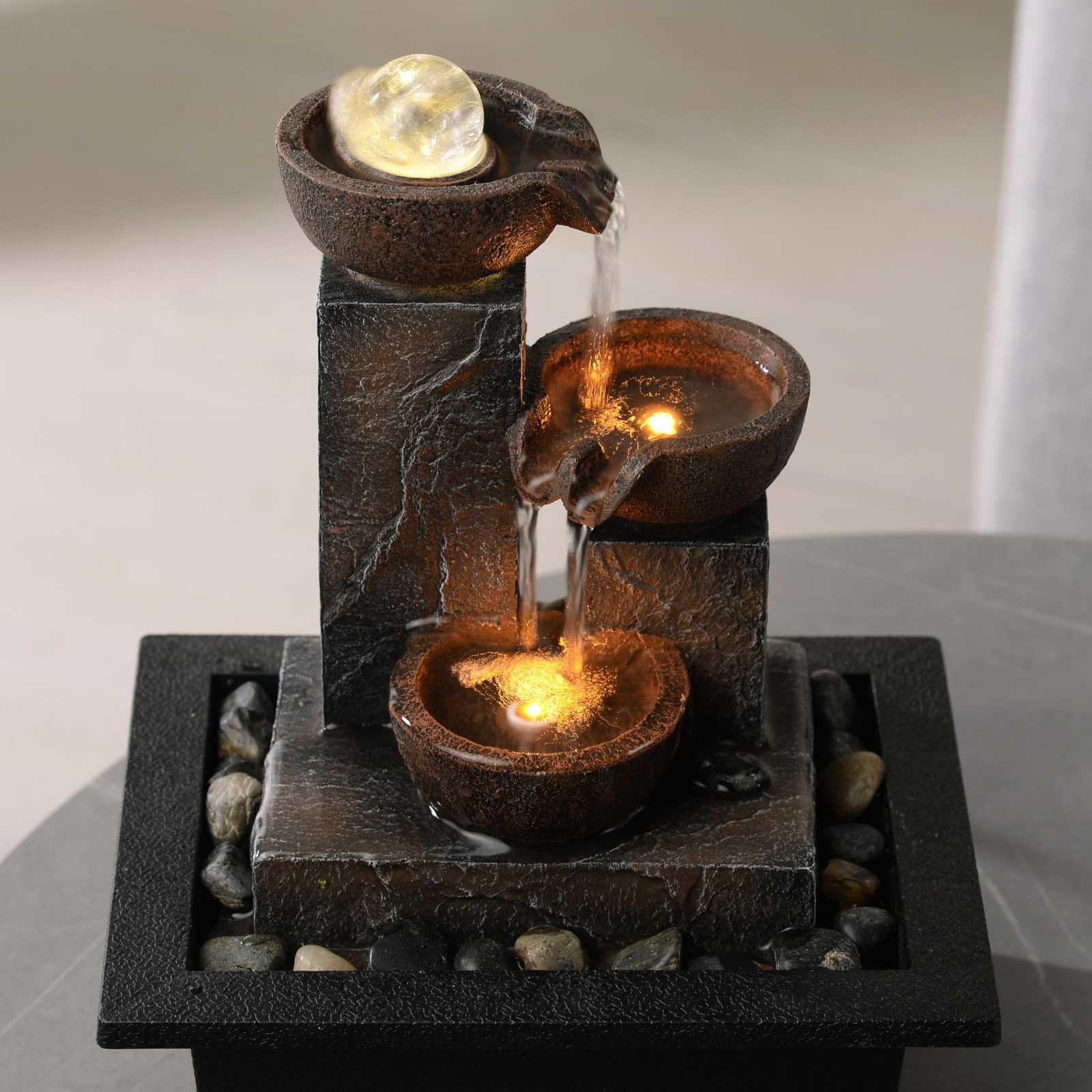 Three Bowls with Rotating Ball Flowing Tabletop Fountain Home Décor Indoor/