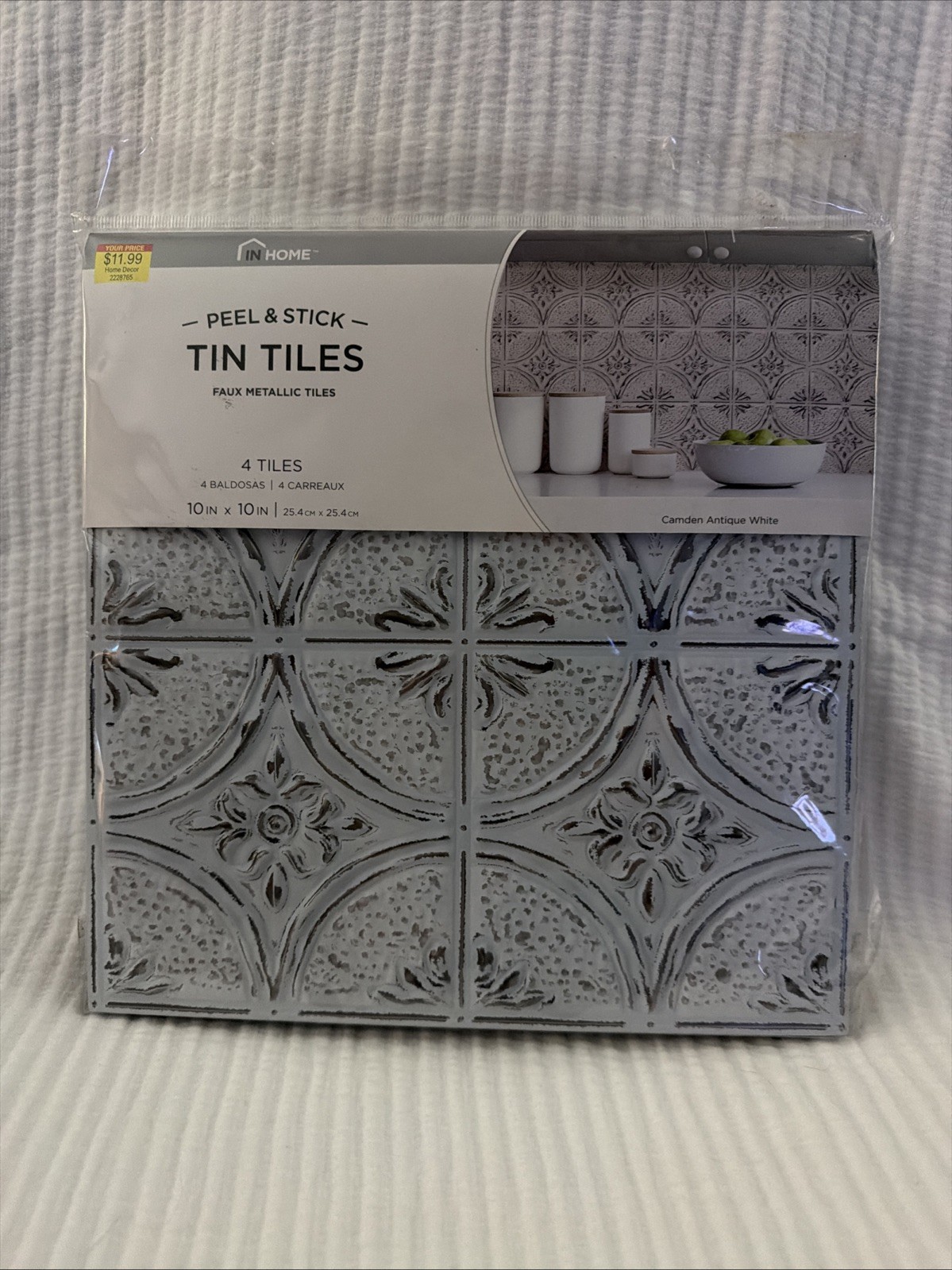 New In Home Camden Antique White Peel & Stick Faux Tin Tiles 10”X10” Wall Pops