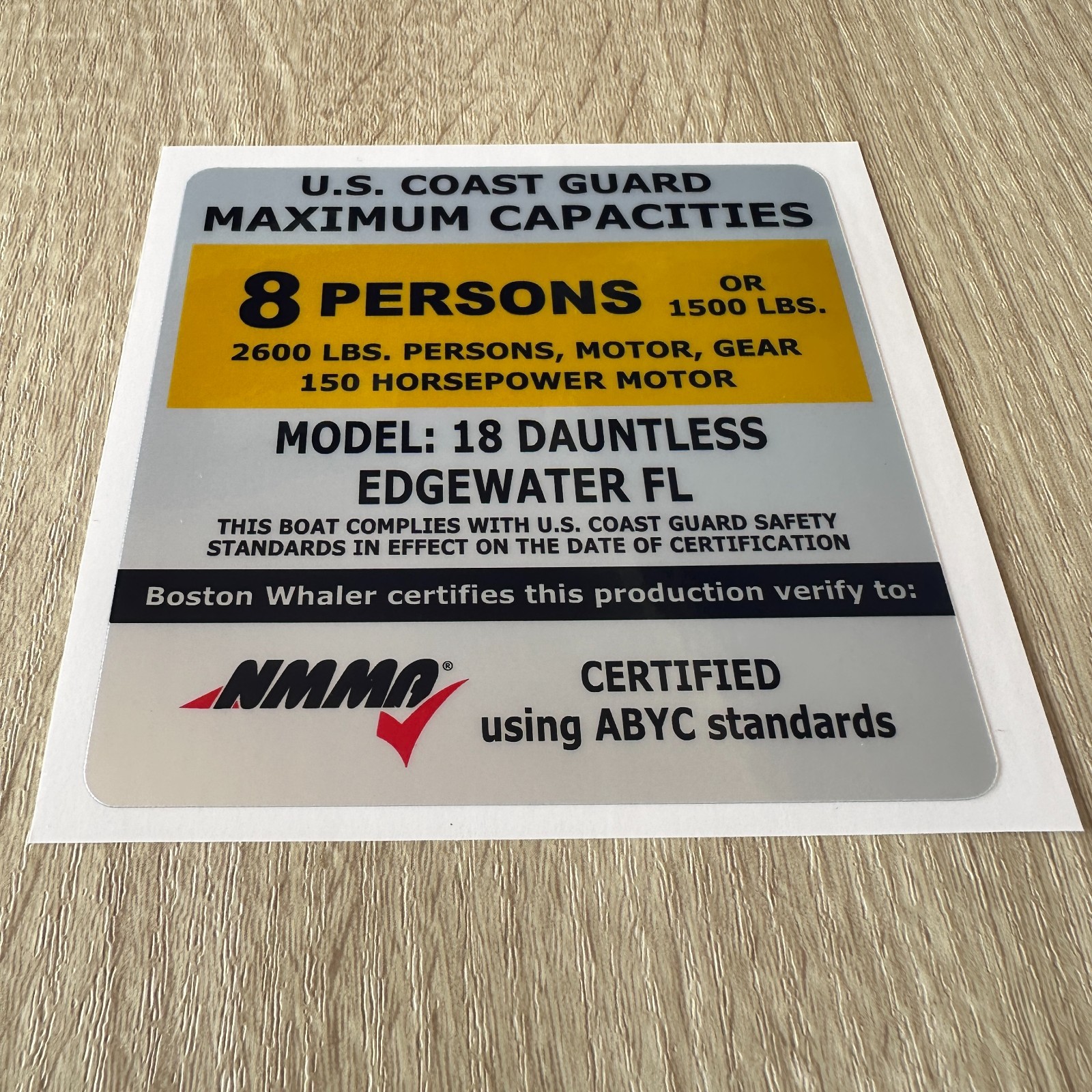 Boston Whaler 18 Dauntless Boat Capacity Plate Decal USCG Replacement Sticker