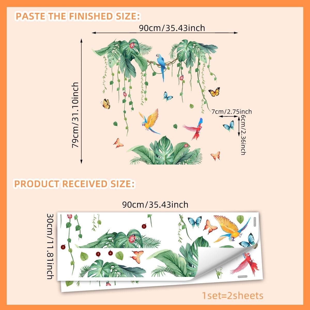 2 Sheets Jungle Wall Decals Peel and Stick Removable L, Tropical Vine