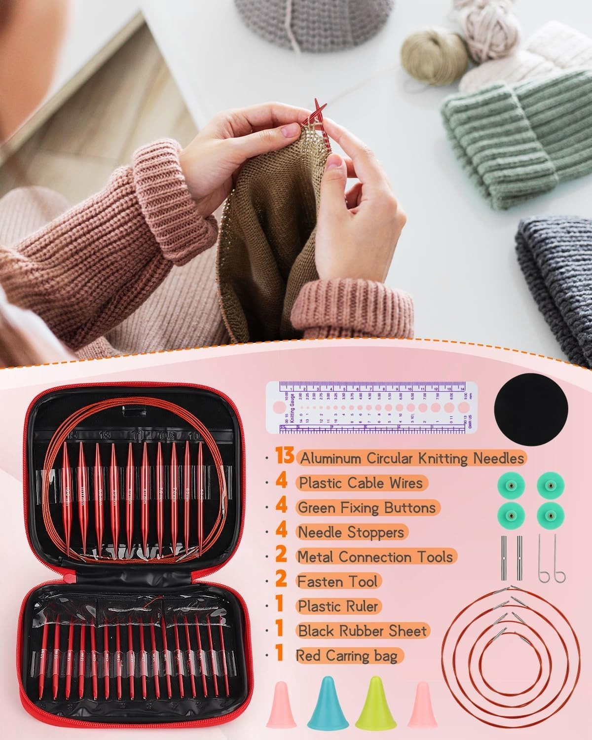 Interchangeable Knitting Needle Set w/Circular Cable for Crafters, 13 Needles