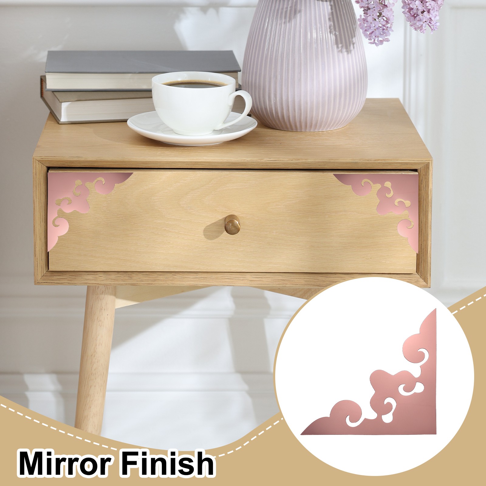 4Pcs Corner Decorative Pattern Hollow Mirror Wall Stickers(Rose Gold, 7.9×7.9")