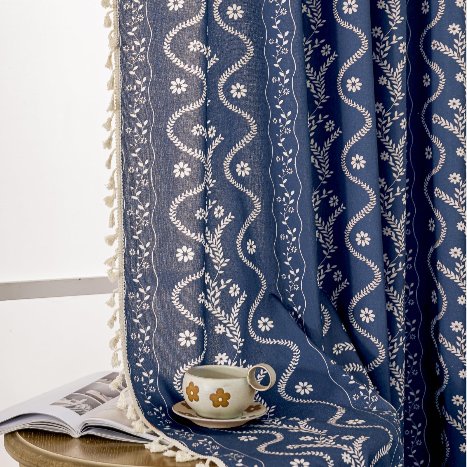 Navy Blue Boho Curtains 84 Inch Long for Living Room, Bedroom, 2 Panels Flora…