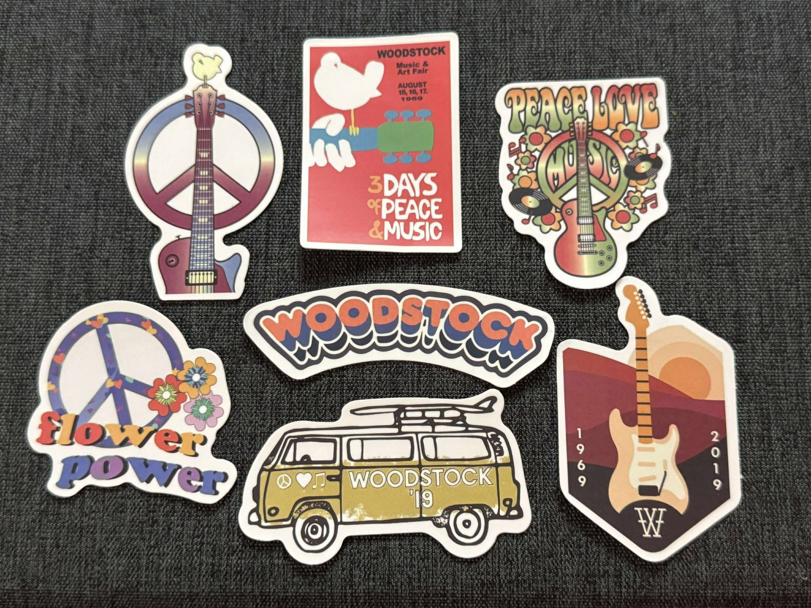 Lot of (7) WOODSTOCK Festival 3/4" to 3" Logo STICKERS Fast! FREE SHIP!