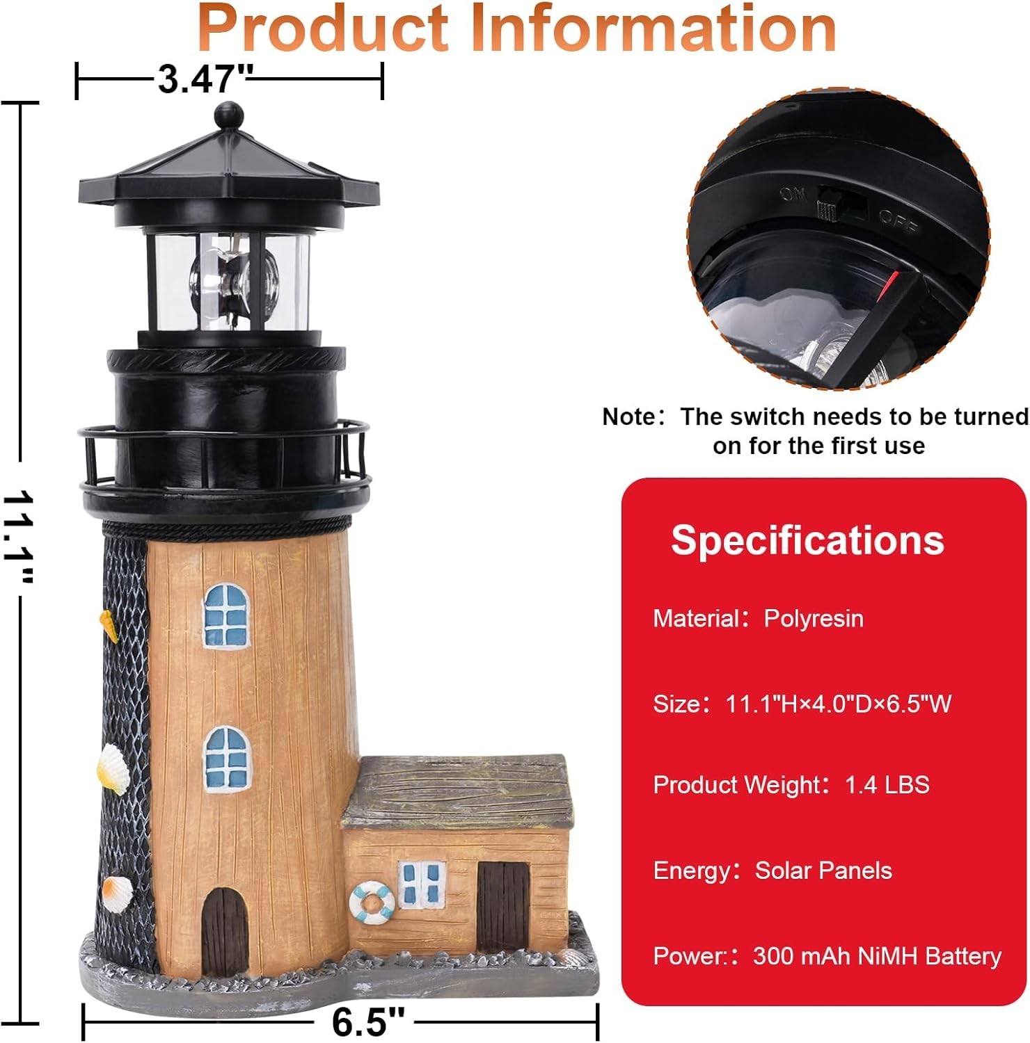 Solar Lighthouse with Rotating Beacon,11.1" Outdoor Garden Lighthouse Decor,Wate