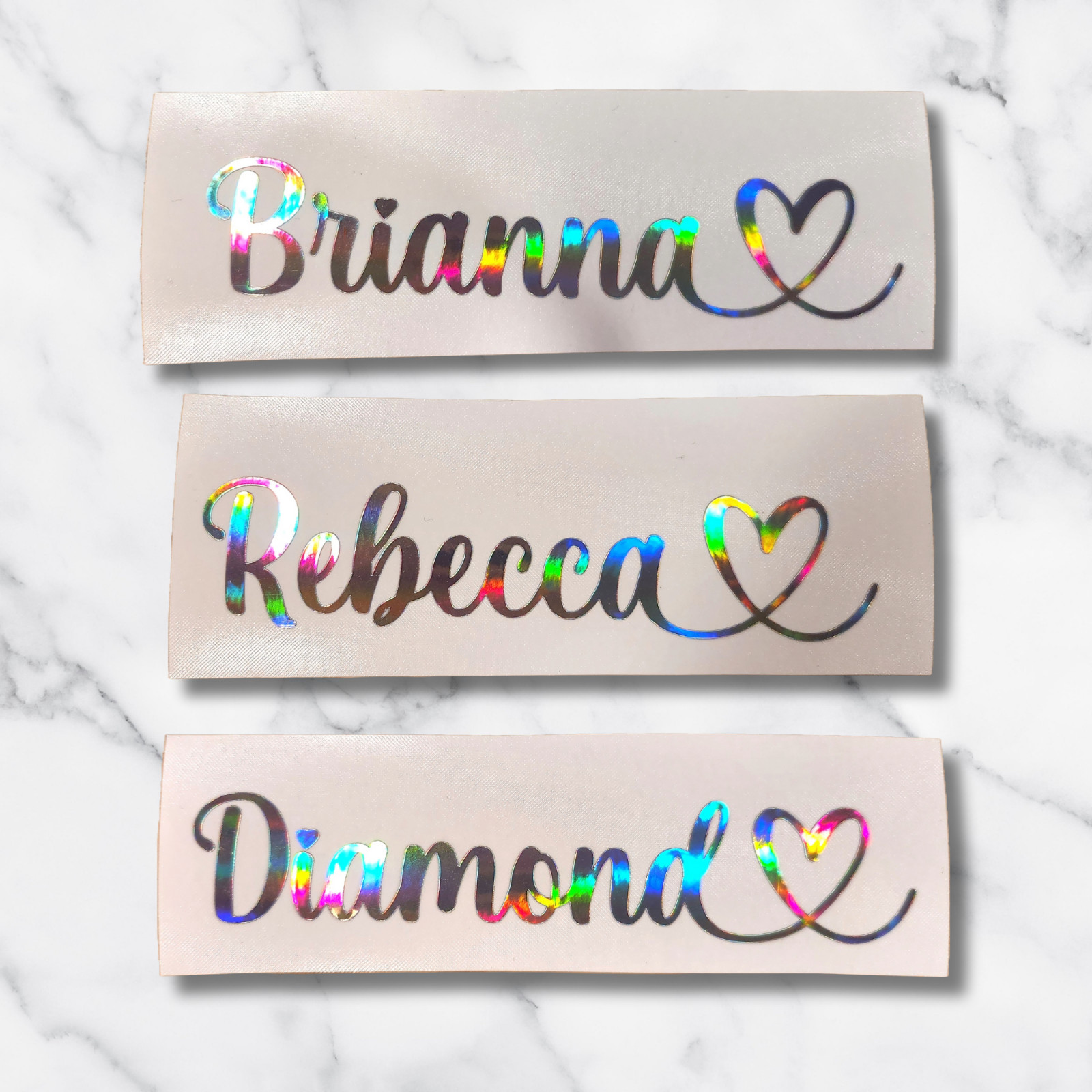 Holographic Custom Cursive Name with Hearts Vinyl Custom Lettering Decal