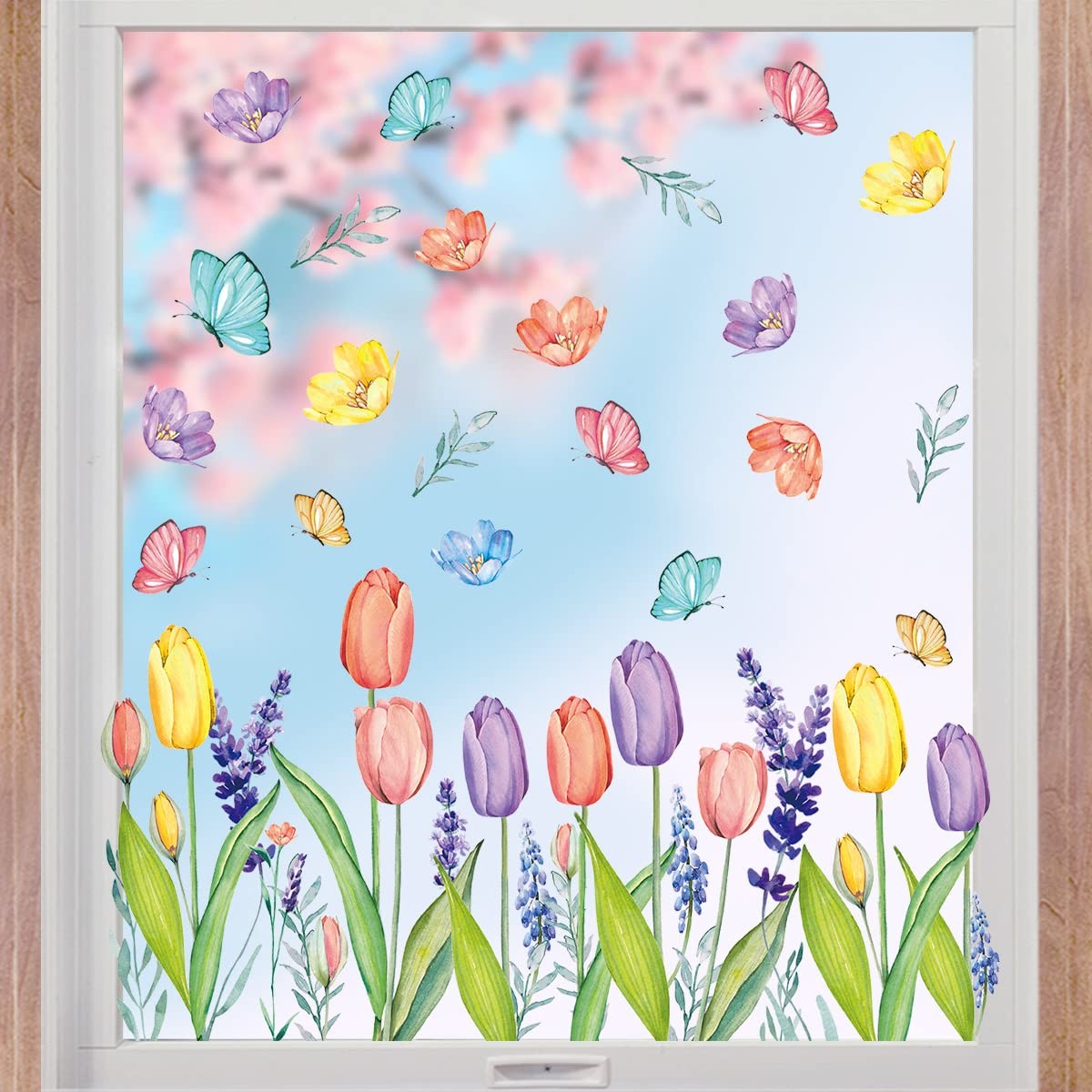 Spring Summer Window Cling Stickers 67 PCS Tulip Butterfly Flower Decals