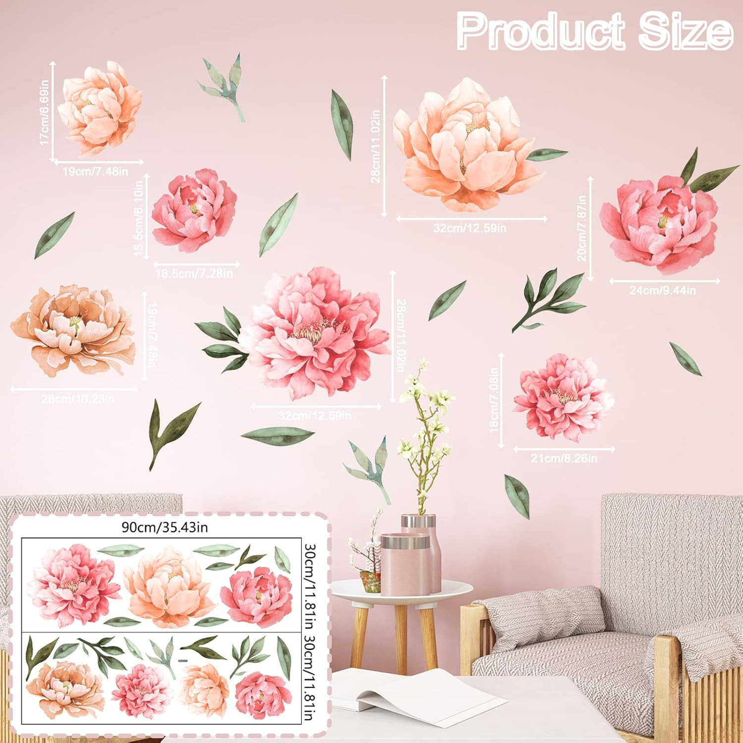 Peony Flowers Wall Decals, Watercolor Elegant Peonies Rose Floral Wall
