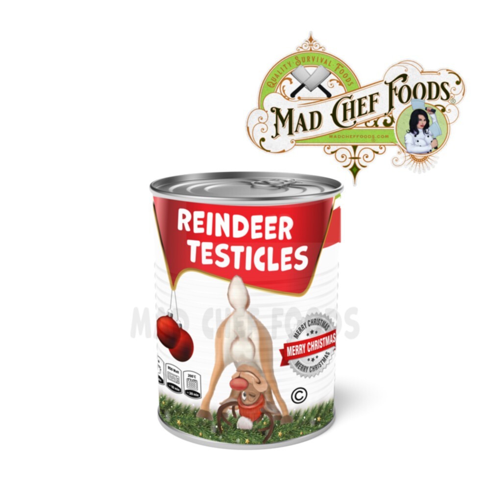 FUNNY CHRISTMAS Reindeer Testicle Can Label STOCKING STUFFER Joke Gag Gift Santa