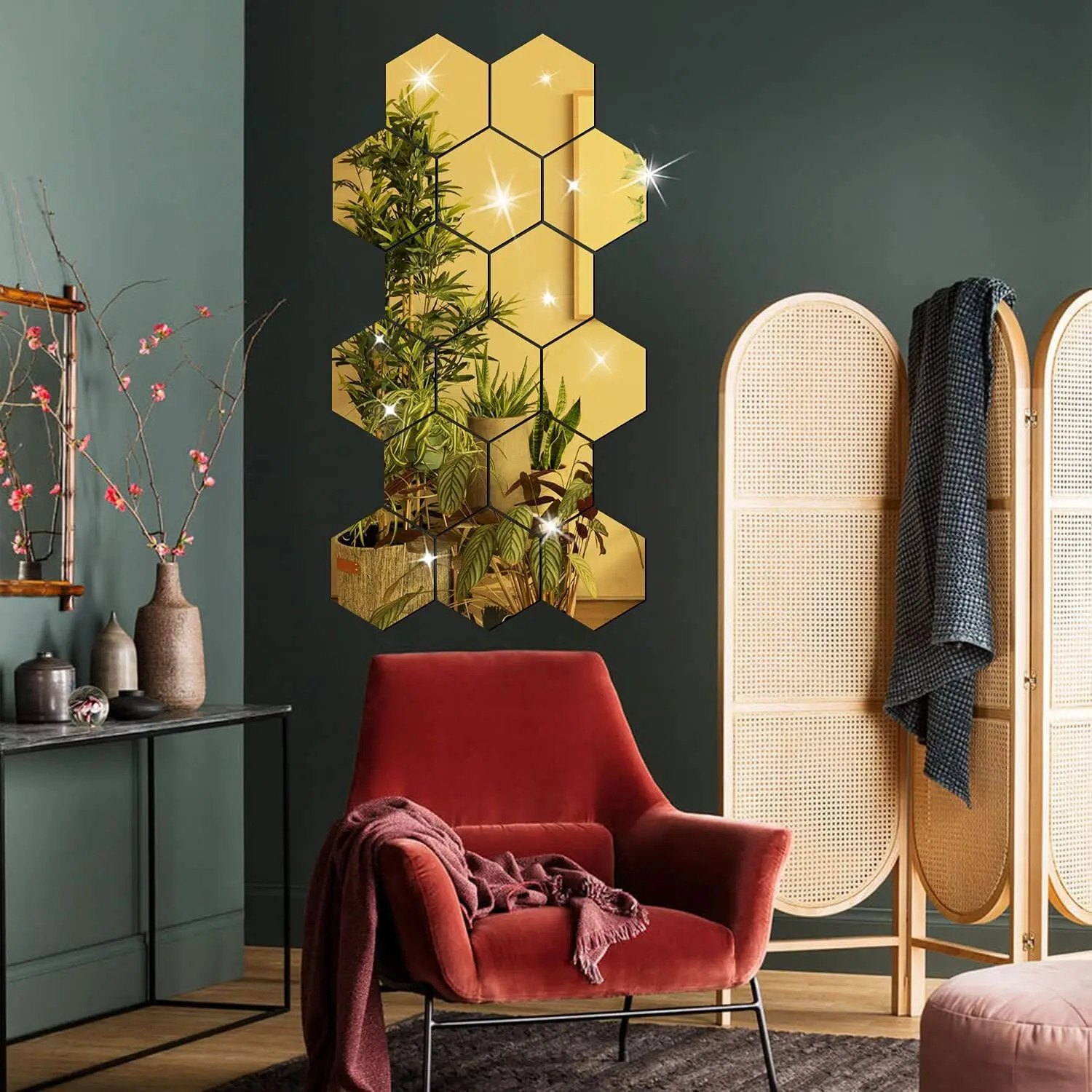 6/12pcs 3D Hexagon Mirror Wall Sticker Rose Gold DIY TV Background Living