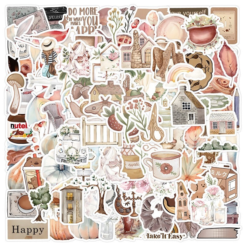 100pcs RETRO COTTAGECORE Vintage Stickers, Bikes Books Flowers Rainbow, #224-1