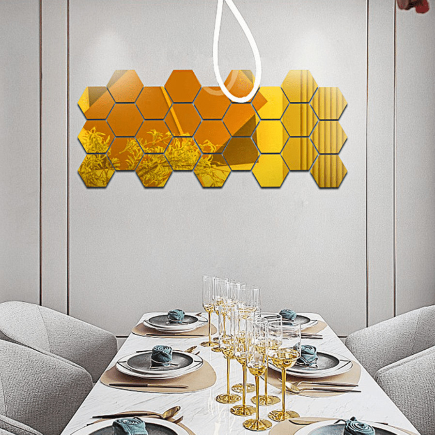 12Pcs Self Adhesive Hexagonal Gold Acrylic Mirror Wall Tiles for Home Room Decor