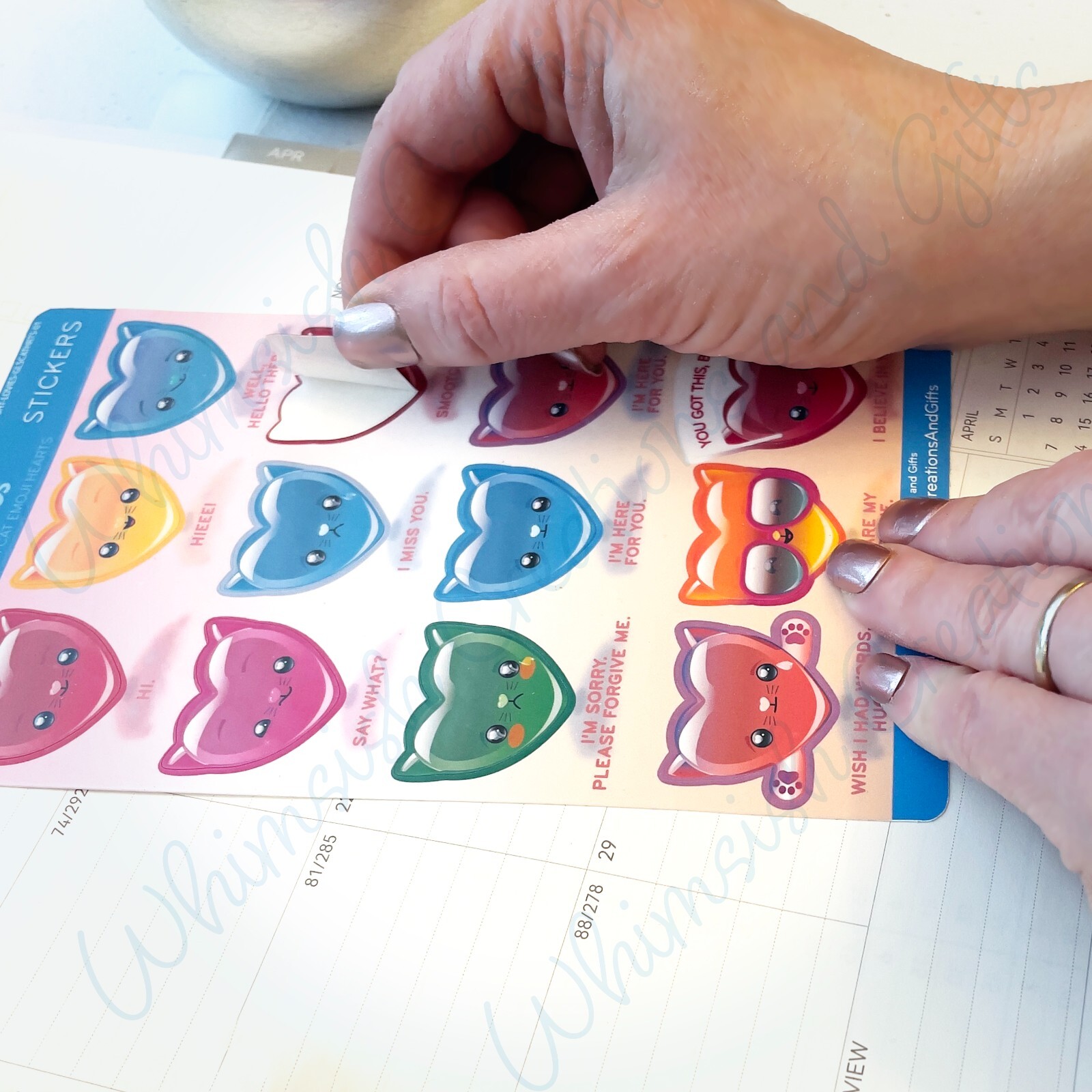 Sticker Sheet—Lovies Glass-ish Cat Emoji Hearts 01, Laminated Vinyl Stickers